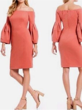 ANTONIO MELANI Coral Peach Off-Shoulder Bell Sleeve Sheath Dress